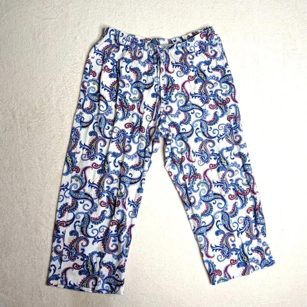 Lauren Ralph Lauren Womens Paisley Pajama Set M Blue & White Cotton Lounge Wear - Picture 8 of 10